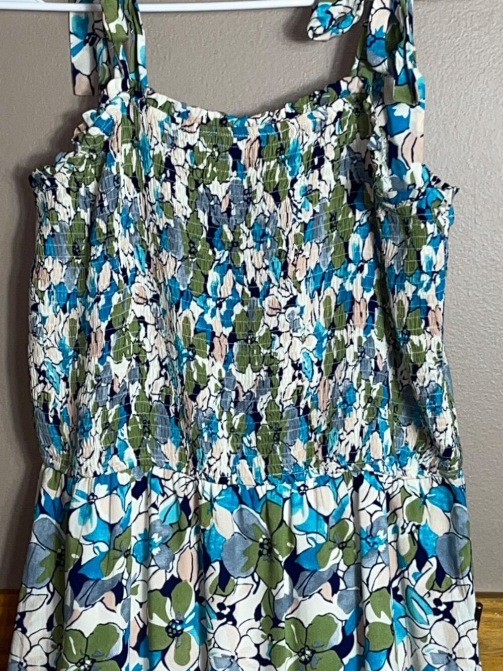 Hayden Dress Maxi Blue Floral Smocked Tiered Boho Pockets Coastal Travel Wom L - Picture 9 of 14